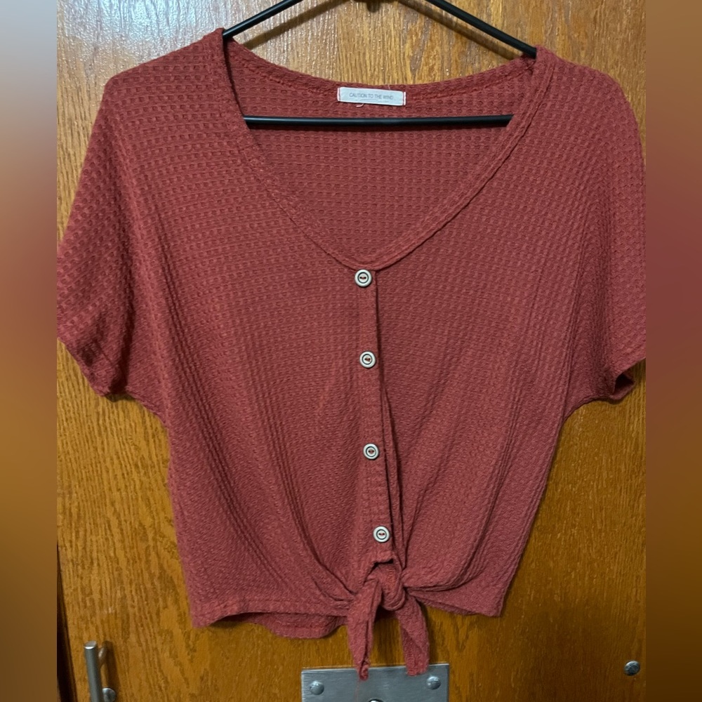 Caution to the Wind Rust Waffle Knit Top